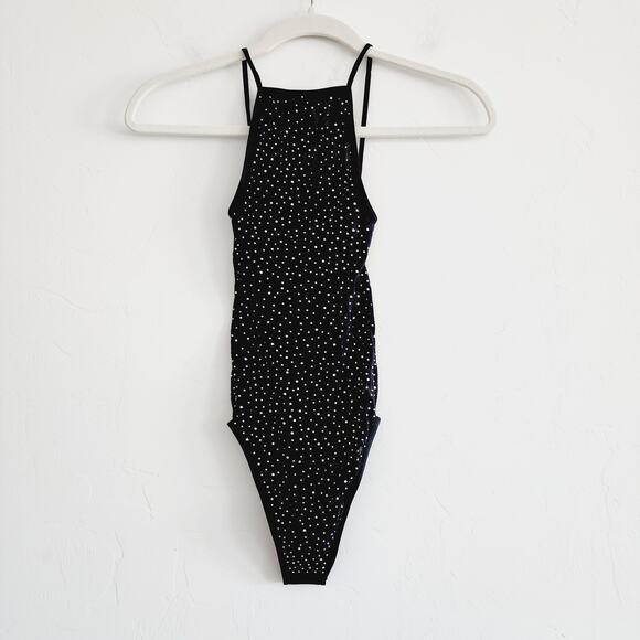 Zara Black Mesh Seamless Rhinestone Bodysuit Top size XS-Small - Picture 1 of 6